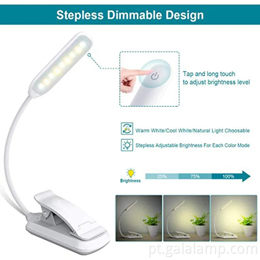 Lâmpada de mesa de clipe de clipe para leitura recarregável USB para leitura